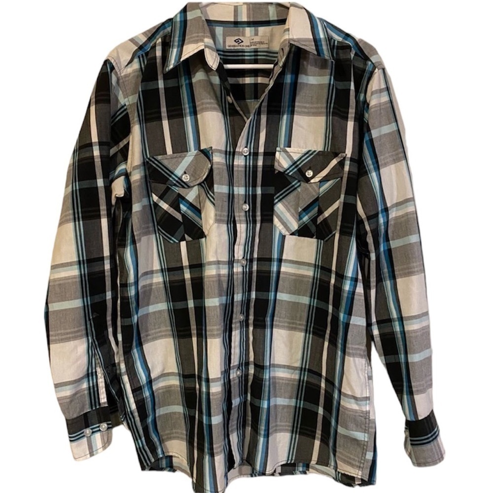 Generation One Black, White, and Blue Plaid Button Down Long Sleeve Shirt Size M